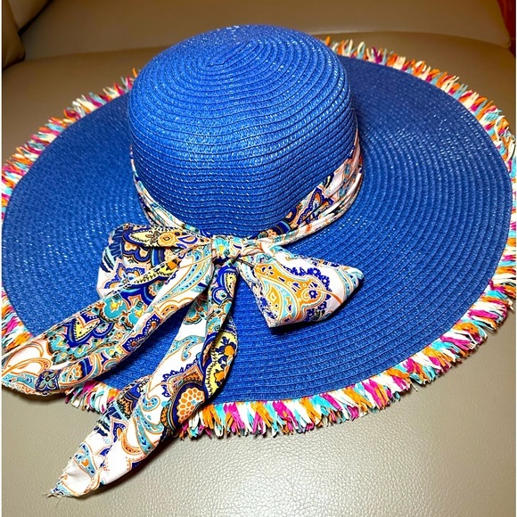 Gorgeous Blue Sun Hat with Colorful Edging and Scarf By Lucky 7 - EUC - - Picture 1 of 5